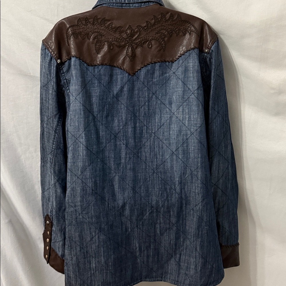Double D Ranch Denim Switchback Shirt Jacket Leather Trim Pearl Snaps Size 2X - Picture 6 of 12